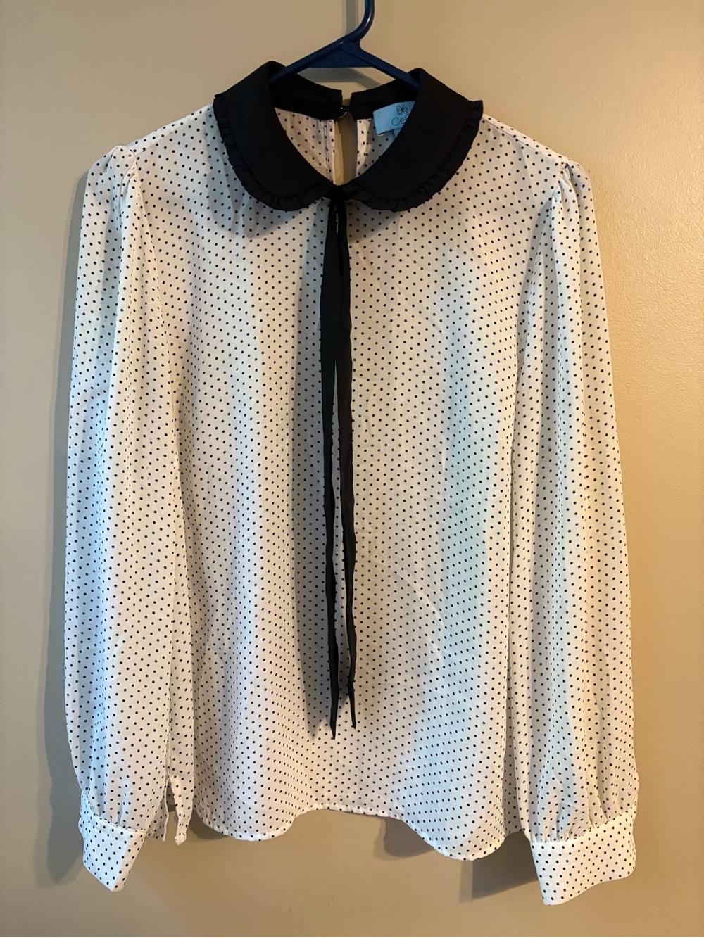CeCe White Blouse with Black Polka Dots and Black Peter Pan Collar